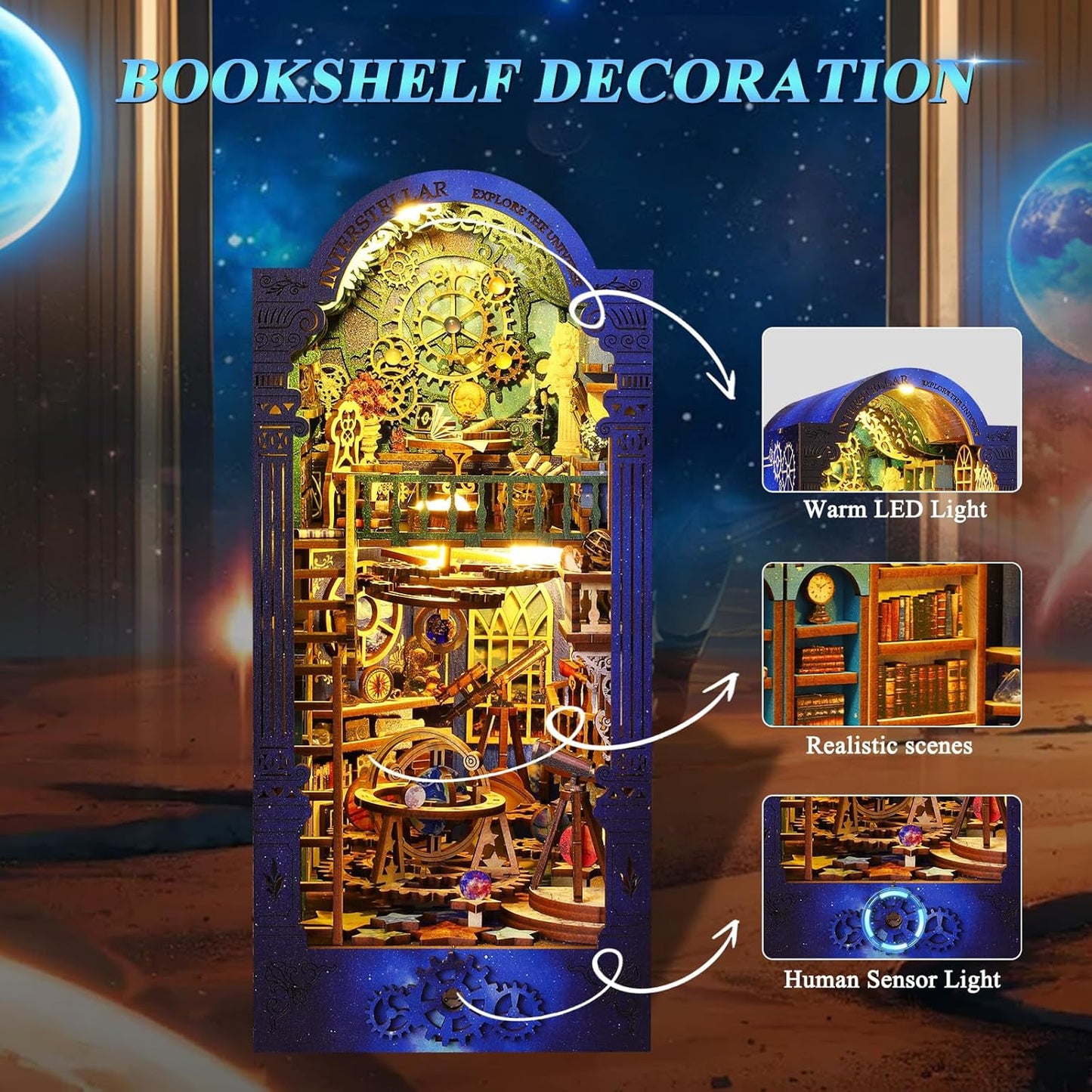 DIY Book Nook Kit Dollhouse Magic Booknook Bookshelf Insert Decor 3D Wooden Puzzle Bookend Miniature Kit with Sensor Light Creative Craft/Home Decoration for Adult (Interstellar Exploration)