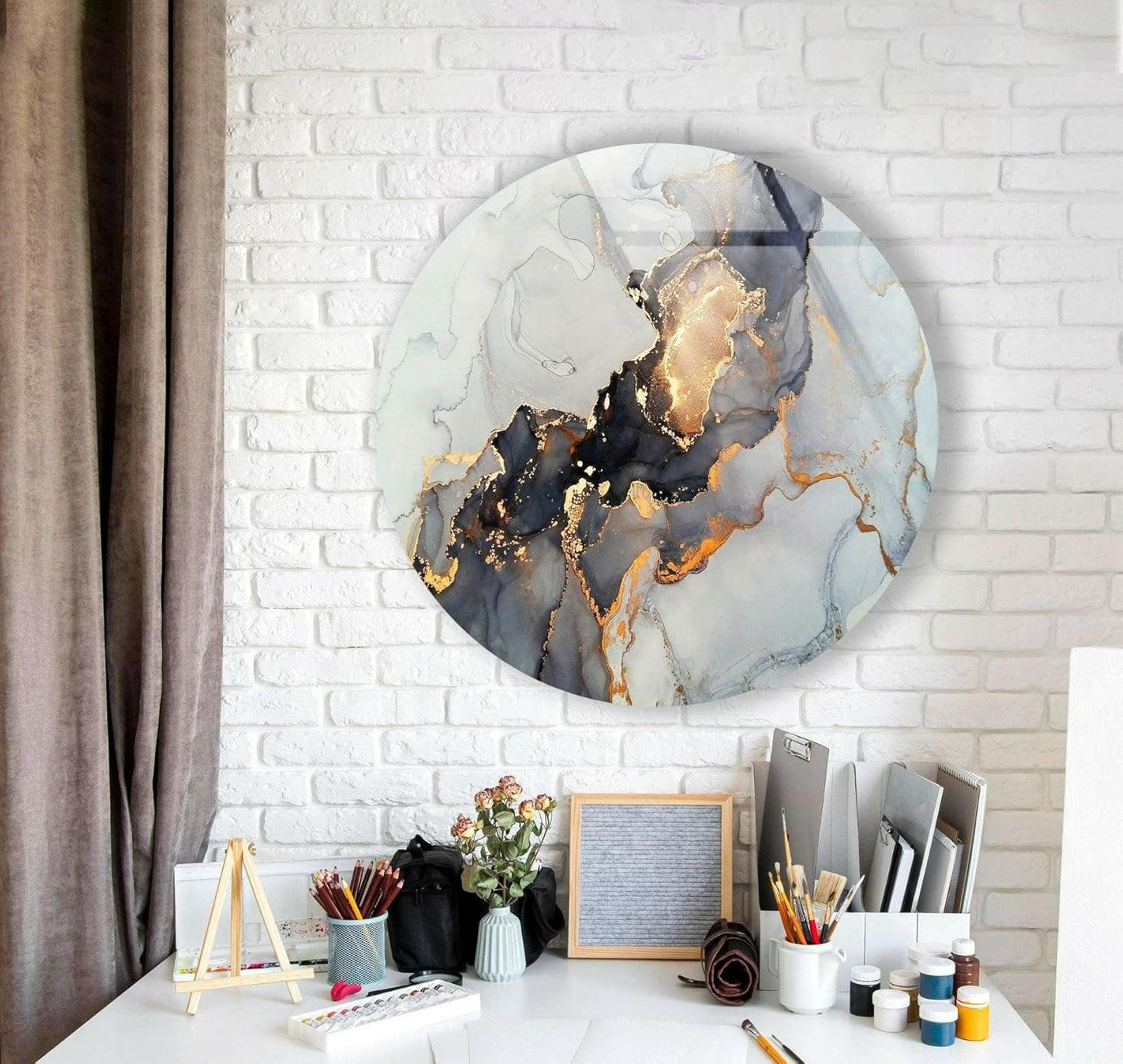 My Photostation.com 27.5''(70cm) Diameter Gold Details Gray Marble Round Glass Wall Art Tempered Glass Printing Wall Decor Large Wall Art Wall Hangings