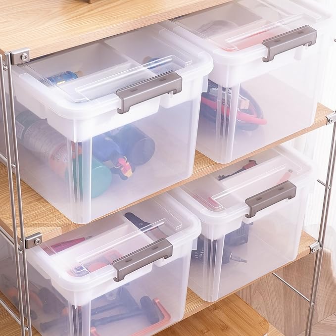 Citylife 32 QT Plastic Storage Bins with Removable Tray Large Stackable Storage Containers for Organizing Craft Storage and Storage Craft, Clothes, Files, Office Supplies, 4 Packs