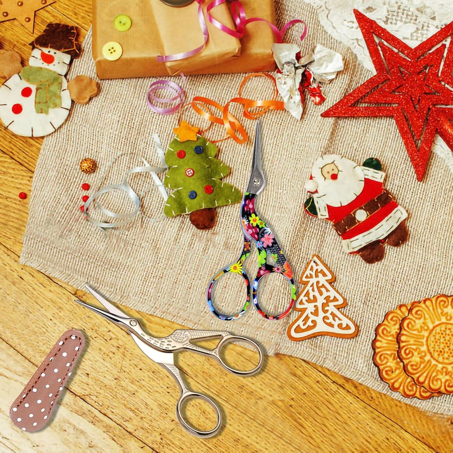 BIHRTC Little Scissors - 3.6inch Cross Stitch Scissors with Leather Cover and Stainless Steel Crane Design for Embroidery, Sewing, Crafting, Art Work, Needlework