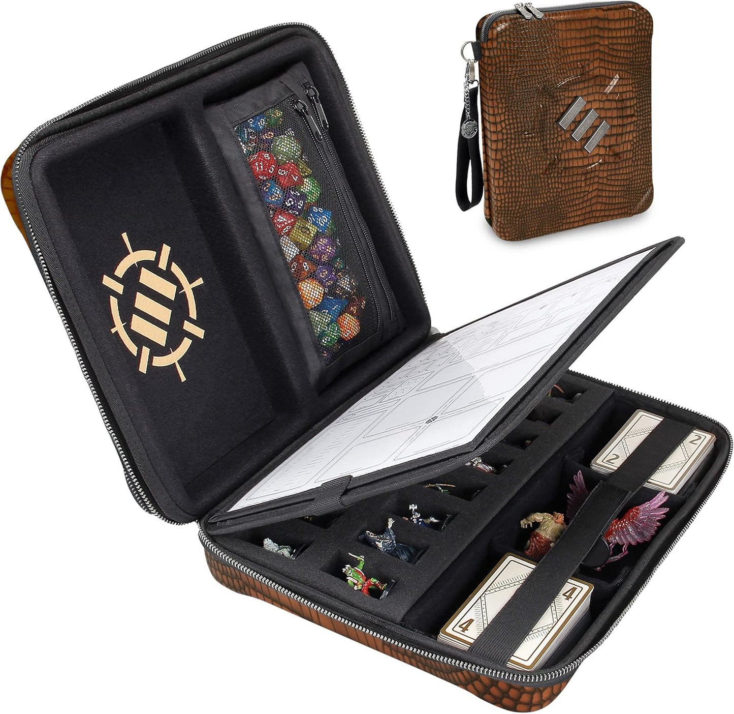 ENHANCE RPG Organizer Case - DnD Binder with Built-in Character Sheet Holder and Erasable Scribe Panel, Dice Rolling Area, Removable Pen Pouch, Miniature Foam Tray, Wrist Strap