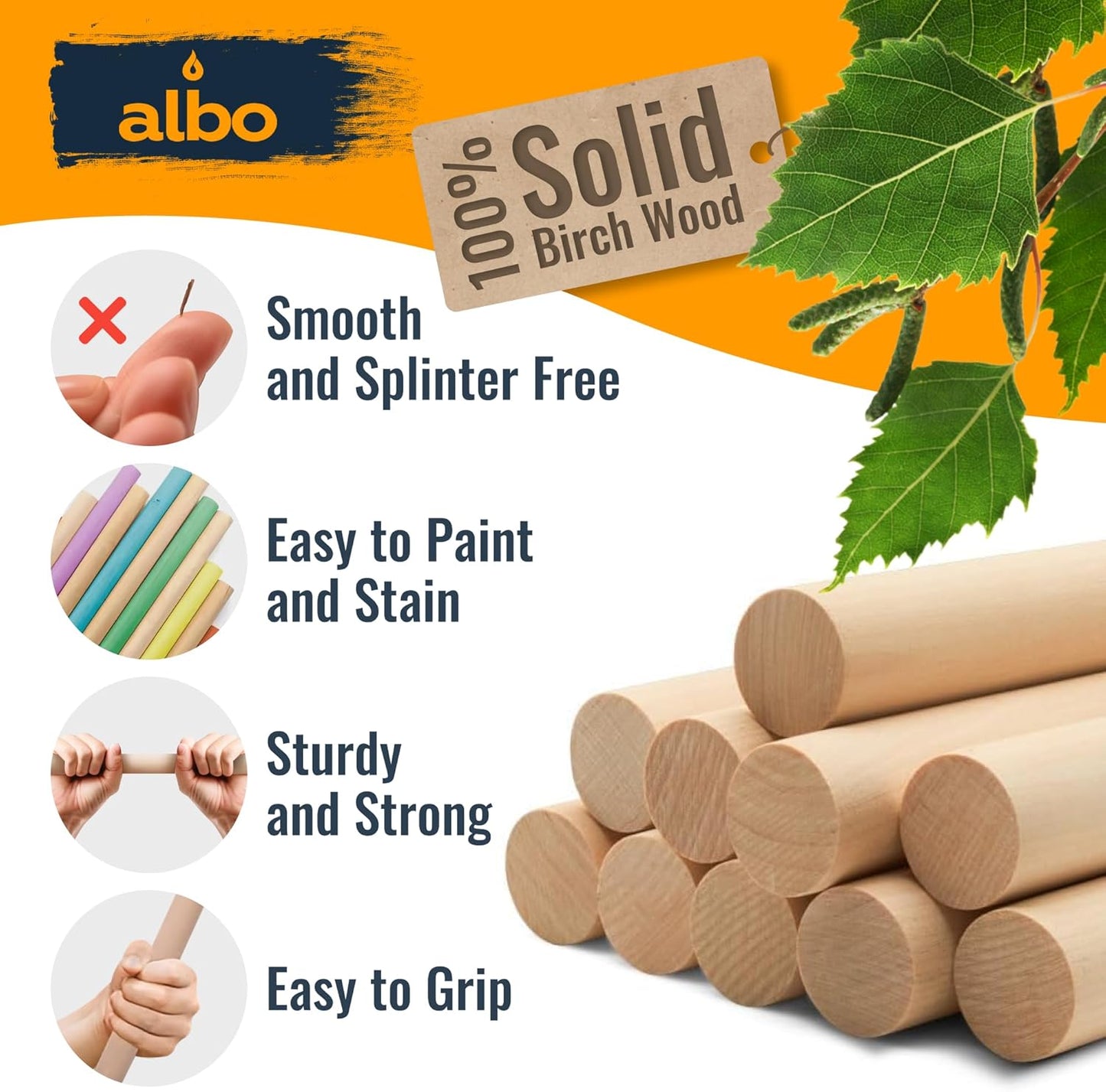 ALBO 1" x 48" Wooden Dowel Rods Set - 25 Pack Birch Natural Long Craft Sticks Rails Shelf Supports Garden Hardwood Smooth Finish Woodworking Material DIY Furniture Bulk Professional