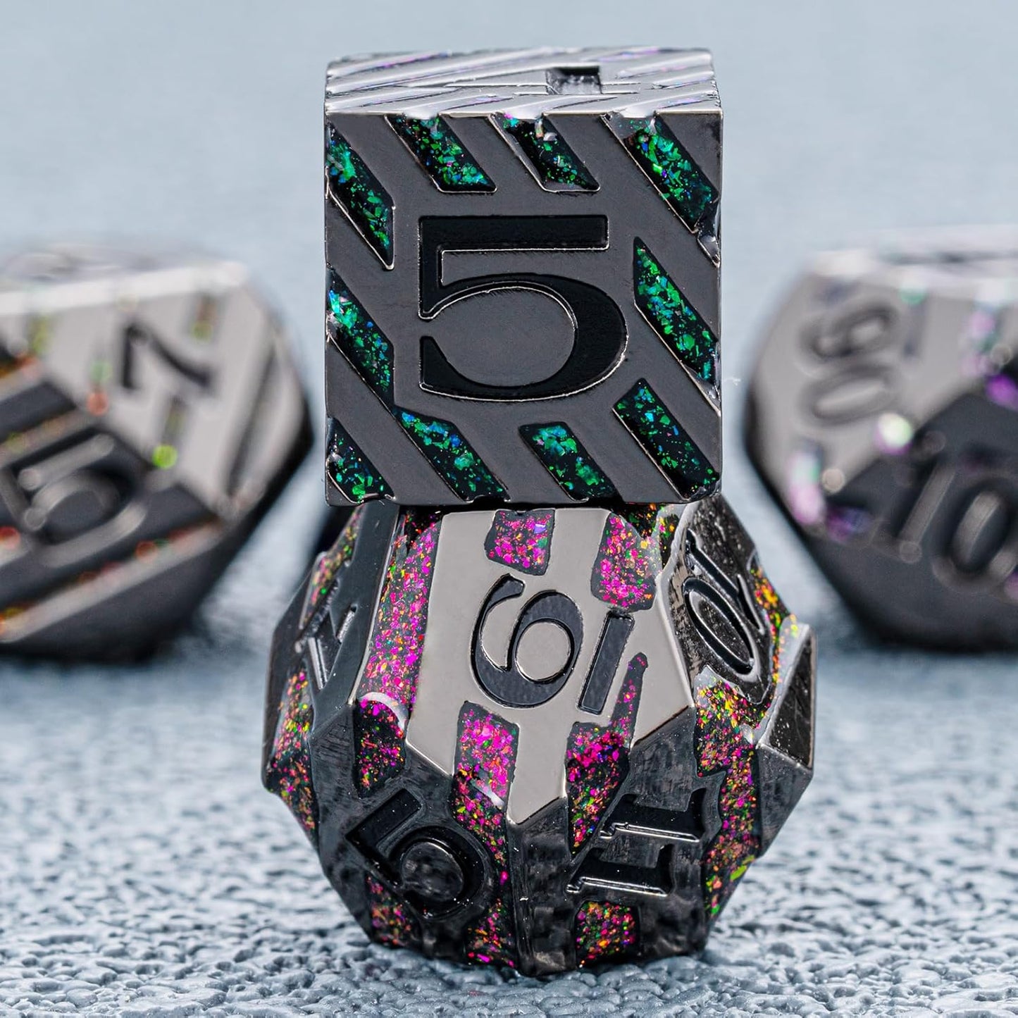 Metallic Glitter Stripes D&D Dice Set,7 PCS Polyhedral Dice Set with Gift Metal Box for Dungeons and Dragons,DND Metal Dice for Tabletop Game (Black Nickel Seven Colors)