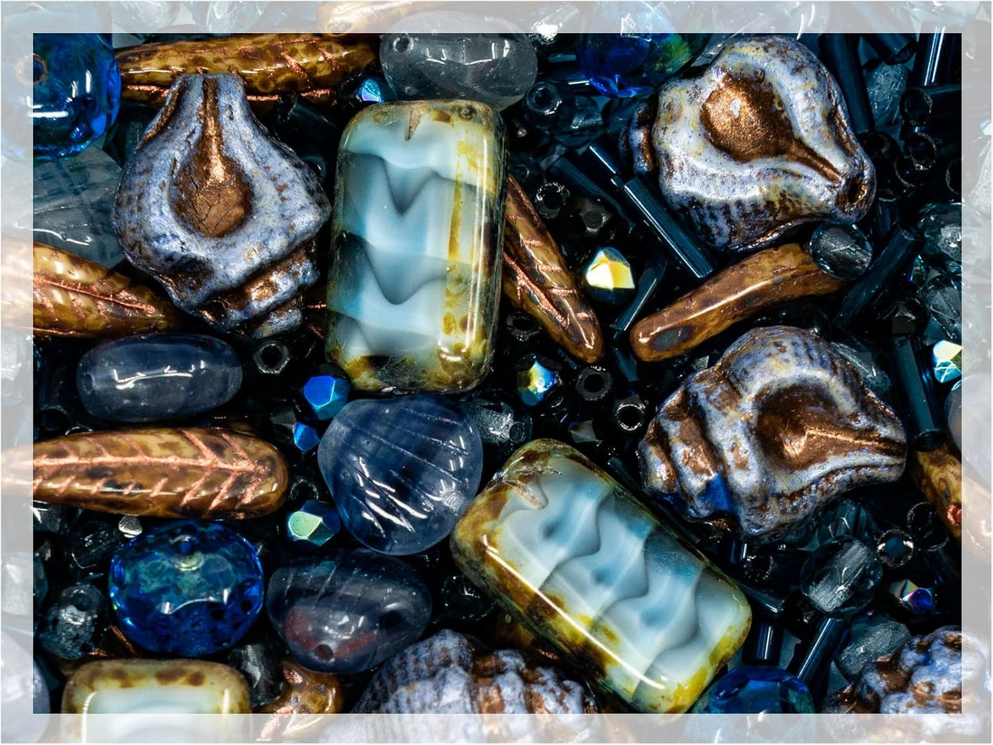 2.1oz (60 g) Mix of Unique Czech Bohemia Glass Pressed Beads, Dark Blue, Table Cut, Matte and Glossy, Faceted Fire Polish, Hand Made Set Kit BCV