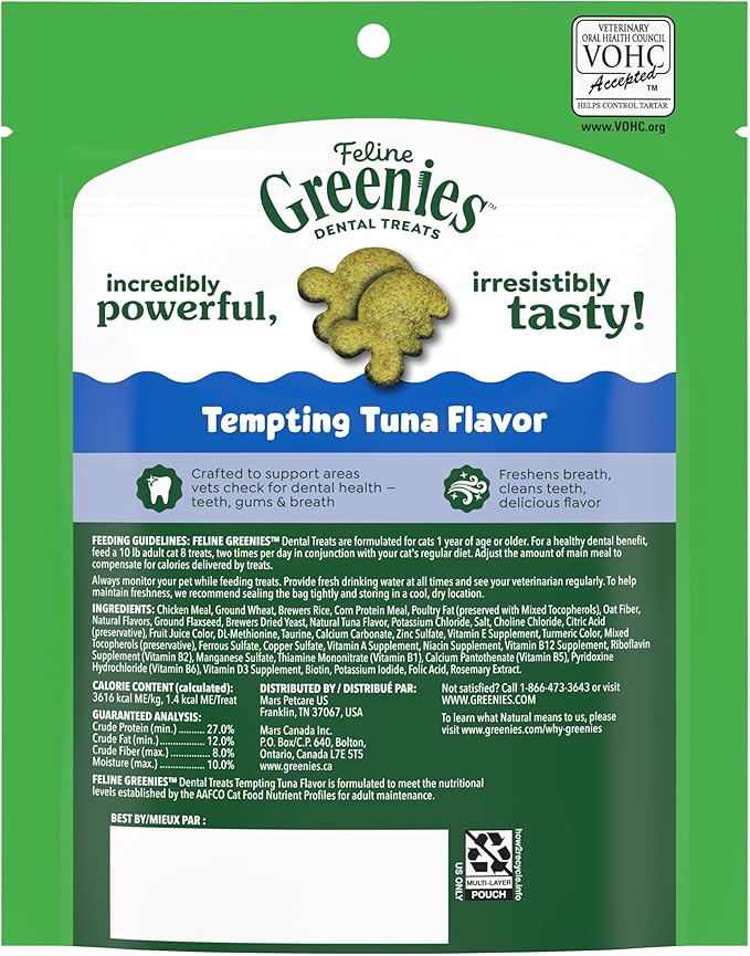 Greenies Feline Veterinarian-Recommended Adult Natural Dental Cat Treats, Tempting Tuna Flavor, 4.6 oz. Pouch
