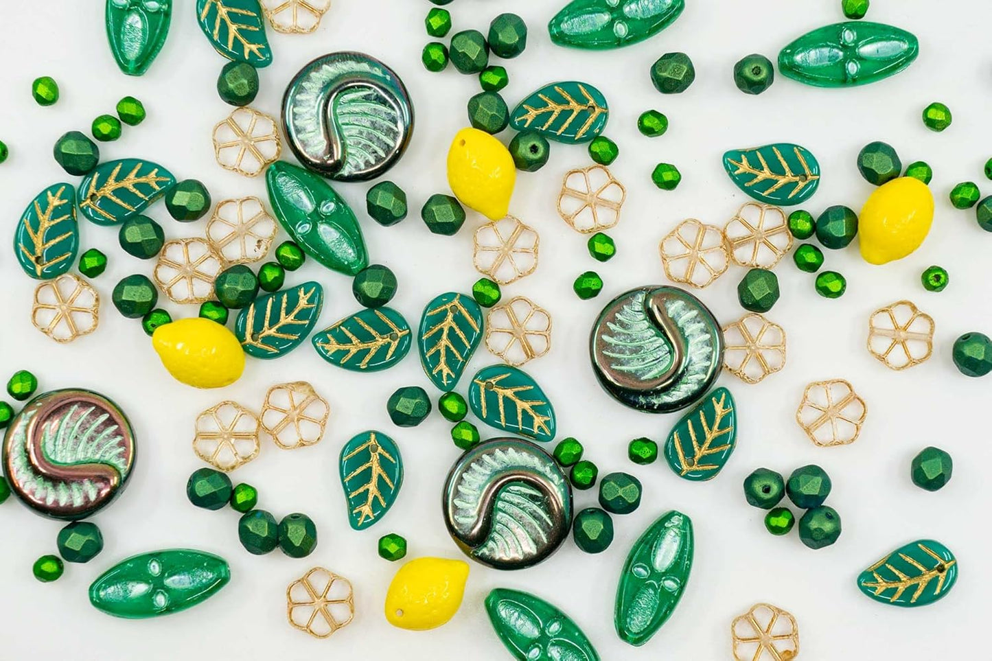 2.1oz (60g) of Focal Czech Glass Bead Mix with Lemon Shaped Beads, Seashel Beads and Leaf Beads, Emerald
