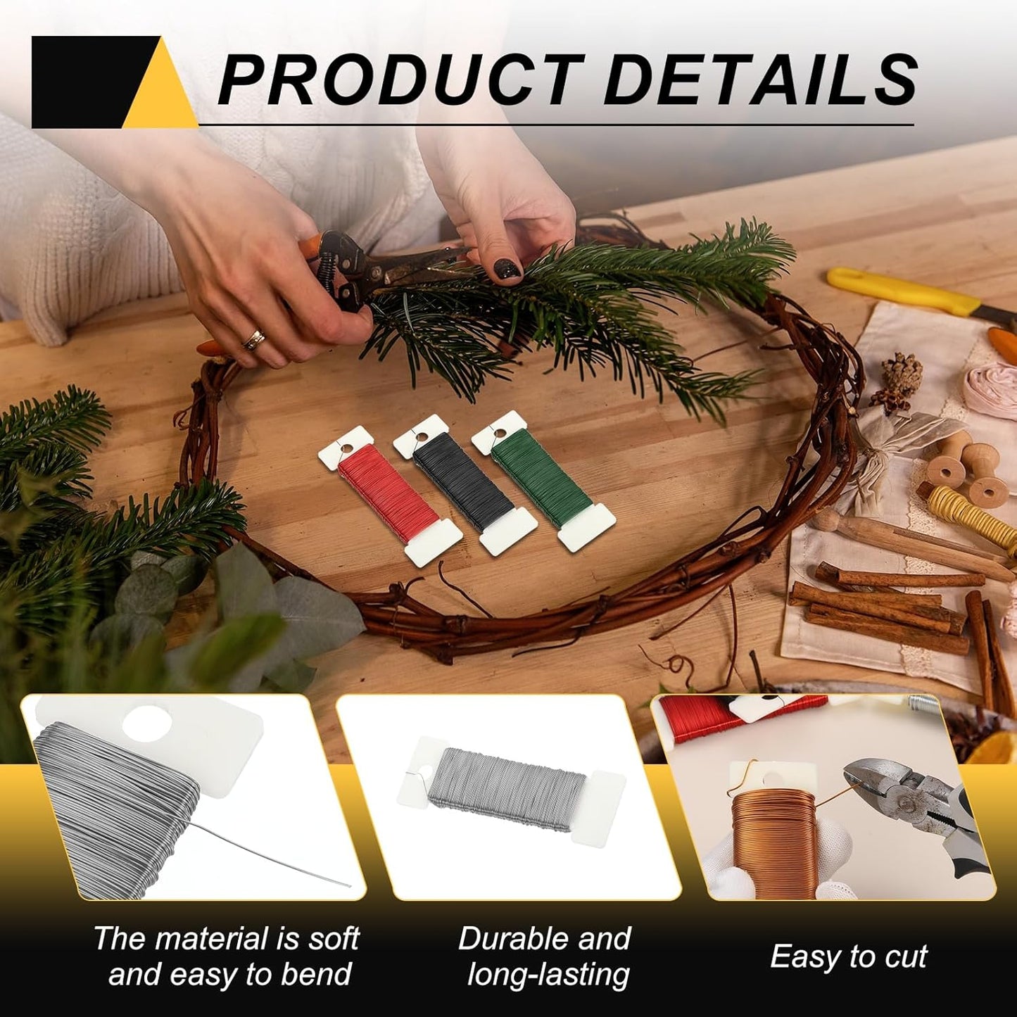 MECCANIXITY 114 Yards/345 Feet 27 Gauge Metal Floral Wire Silver Tone Flexible Paddle Thin Floral Wires for Craft, Christmas Wreath, Flower Arrangement, Wedding, Total 3 Roll