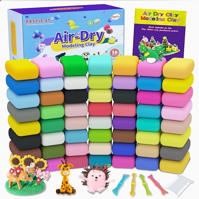 Air Dry Clay 56 Colors, Modeling Clay for Kids, DIY Model Magic Clay, Molding Clay Kit with Sculpting Tools, Non-Sticky Soft and Super Light, Arts and Crafts Gift for Boys Girls Kids