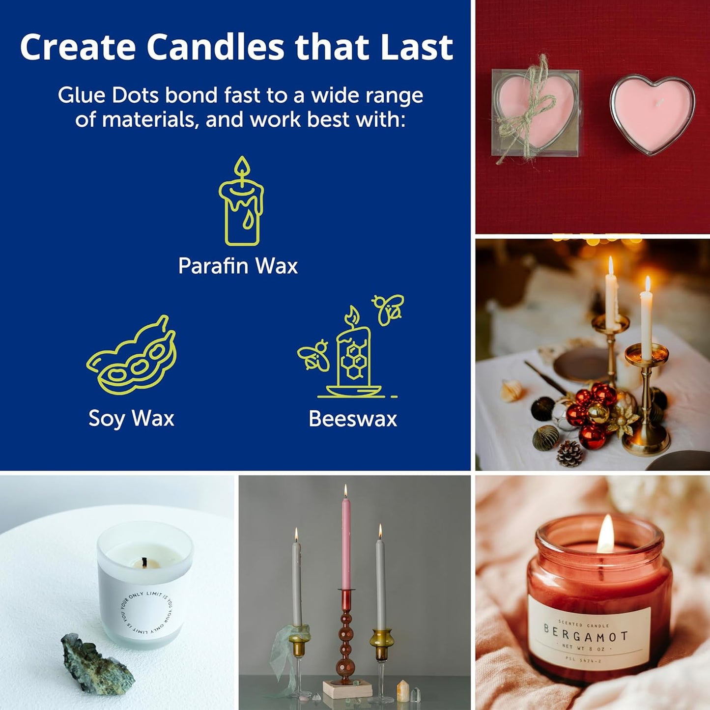 Glue Dots, Candle Dots, Double-Sided, Permanent, 1/2", 3-Pack, 900 Total Dots, Heat-Resistant Adhesive, DIY Candle-Making, Secure Candle-Wick, Liquid Hot Glue Alternative, Clear