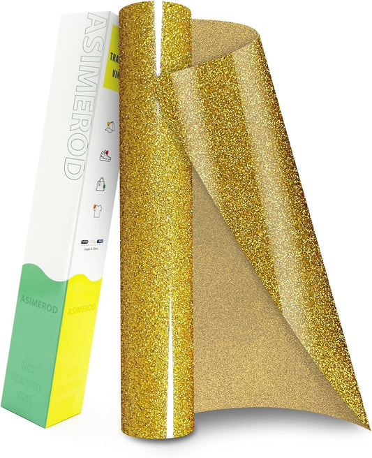 Glitter HTV Heat Transfer Vinyl Rolls- 12" x 10ft. Glitter Iron on Vinyl for DIY T-Shirts, Glitter for All Cutters, Heat Transfer Vinyl (Gold)