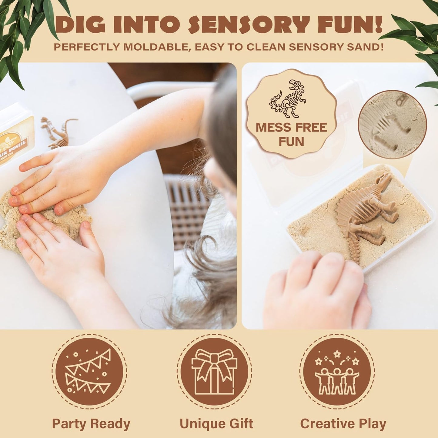 Dinosaur Party Favors for Kids Pack of 10 - Dinosaur Fossils & Quartz Sand Jars - Sensory Sand for Kids to Dig Up Dino Bones - Includes Customizable Dino Decorations, Cupcake Toppers & Labels