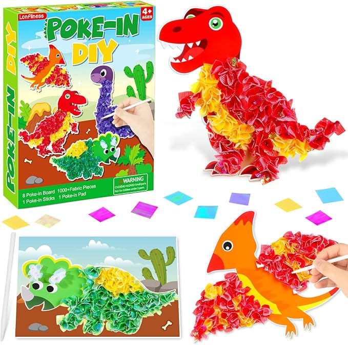8PCS Poke-in Craft and Art Kit Dinosaur Theme No-Mess Fabric Sewing Art Fabric Puzzle Puncture Painting Dino Toy Gifts for Creative Activity Game Birthday Party