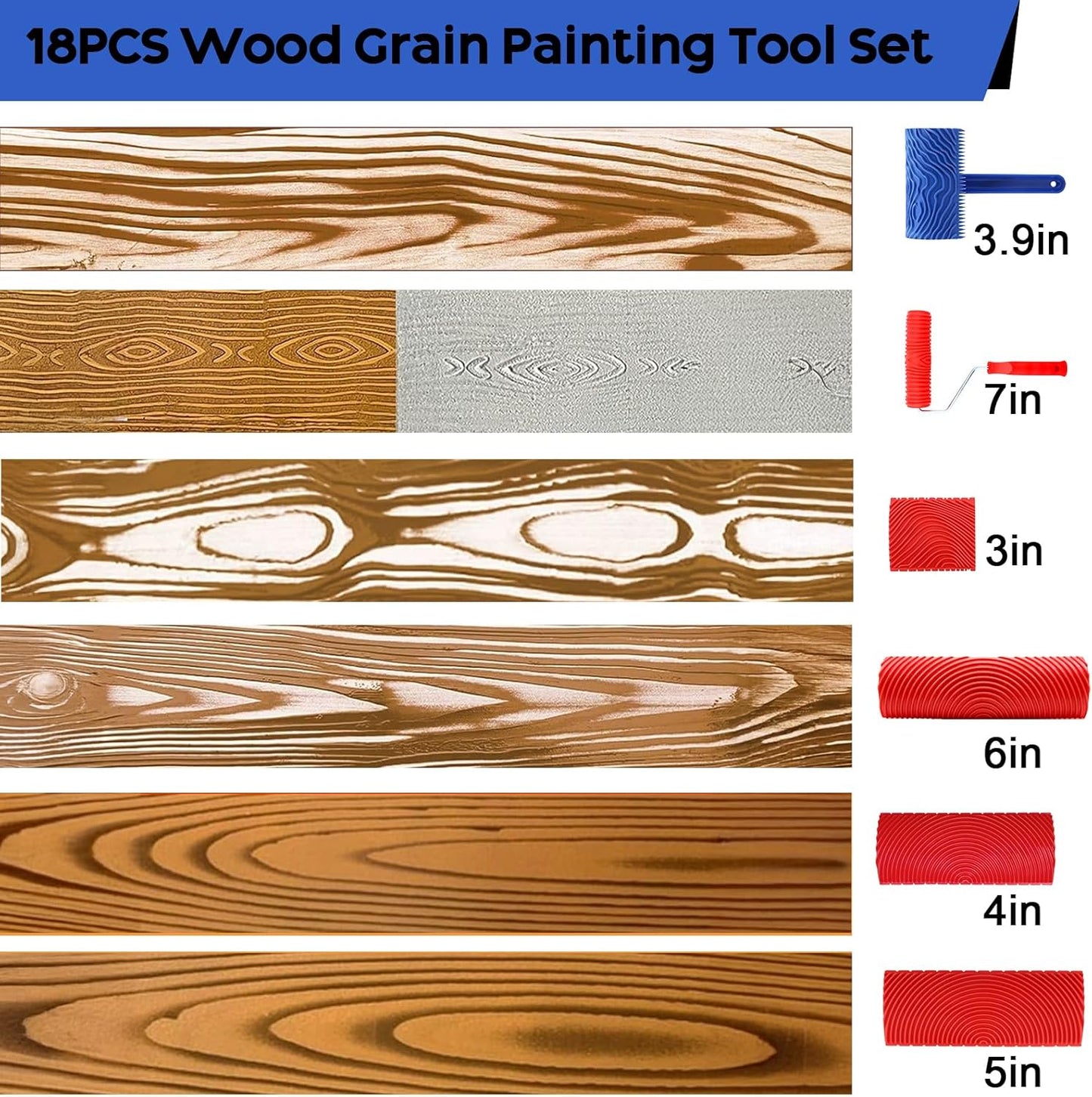 18PCS Wood Grain Tool, Wood Graining Tool Set with Extra 12pcs 4inch Paint Roller Kit with Tray，Rubber Wood Grain Roller Tool for Painting Look Like Wood,Natural Wood Grain Maker,DIY Room Art