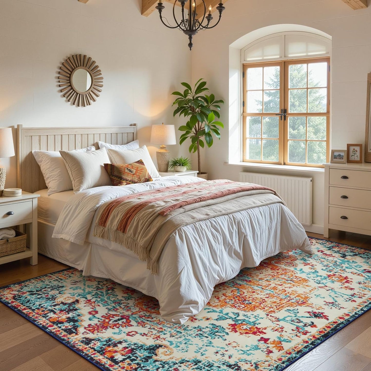 Lahome Boho Rugs for Living Room 8x10,Washable Orange Bedroom Area Rug Soft Low Pile Dining Room Rugs for Under Table,Vintage Thin Non Slip Printed Nursery Area Rug for Playroom Office(8x10ft Orange)