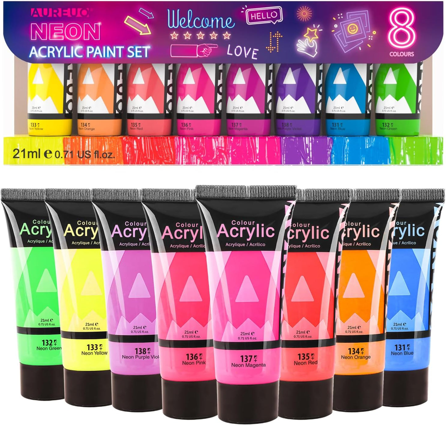 AUREUO Neon Acrylic Paint Set - 8 Fluorescent Colors 0.71 Fl Oz / 21ml Art Paint Tubes for Halloween Crafts Decor Rich Pigments Non-toxic Painting Supplies for Artists Hobby Painters Adults