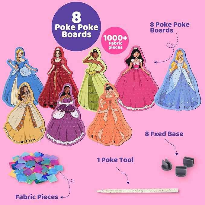 8 Packs Poke in Crafts Art Kits for Girl, Magical Prienceses Mess Free Kids' Paper Craft Kits, Birthday Gift for Girls 4 5 6 7 8 9 Years Old, DIY Presents, Mess Free Art Activity