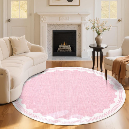 Scalloped Round Rug 6ft, Small Area Rugs Solid Pink Rug for Bedroom Girls, Washable Rugs for Living Room, Non Slip Scalloped Round Bath Mat, Soft Dorm Nursery Carpet for Bedside