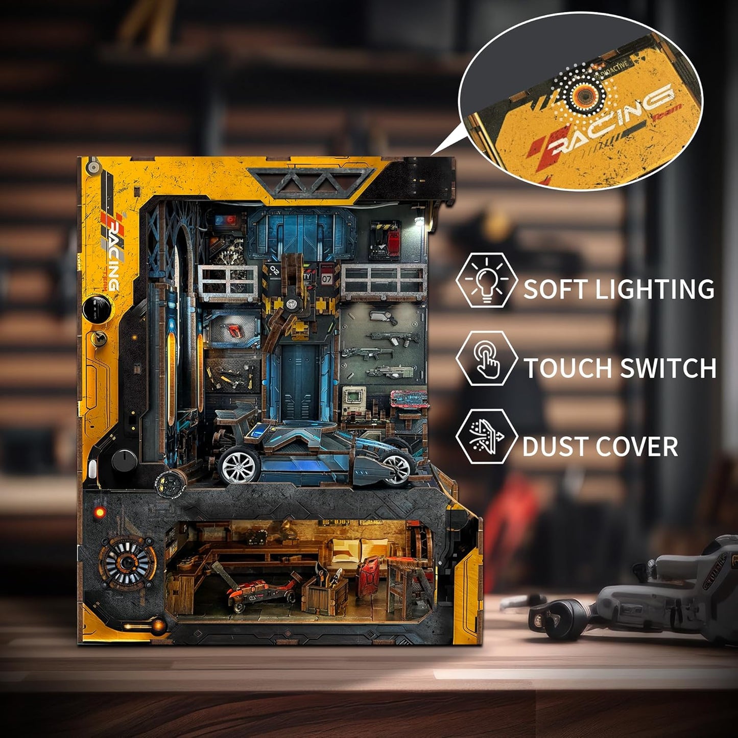 DIY Book Nook Kit,New DIY Dollhouse Booknook Bookshelf Insert Decor,3D Wooden Puzzles with LED Dust Cover,Book Nook Miniature Kit,Birthday Home Decor for Teens Adult-Automobile Workshop