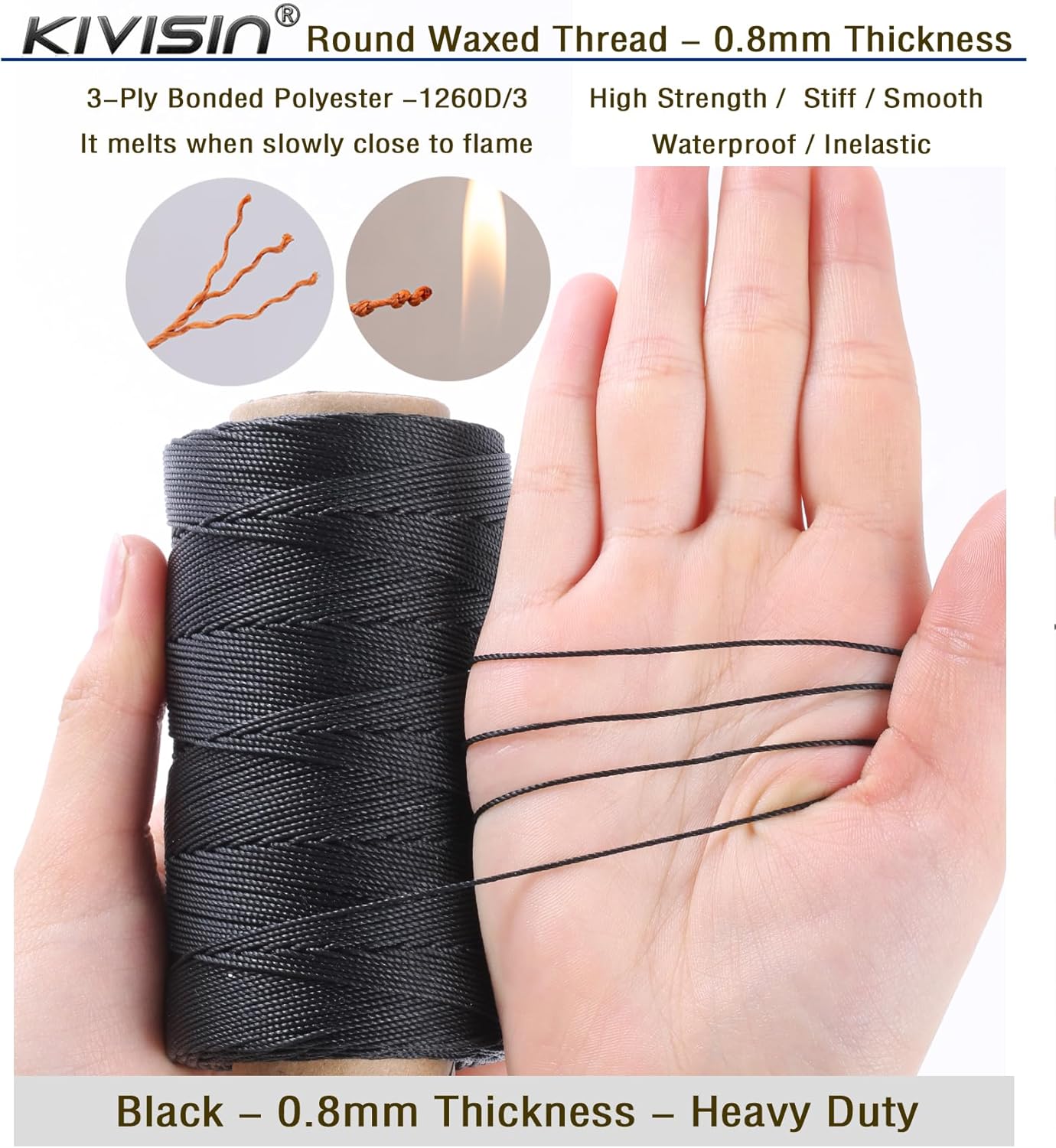 Bonded 0.8mm Round Waxed Polyester Cord, 3-ply Wax Coated Thread, 197 Yards Stiff String for Heavy Duty Fabric, Leather Sewing, Book Binding, Upholstery Repair, and Macrame Jewelry - Black