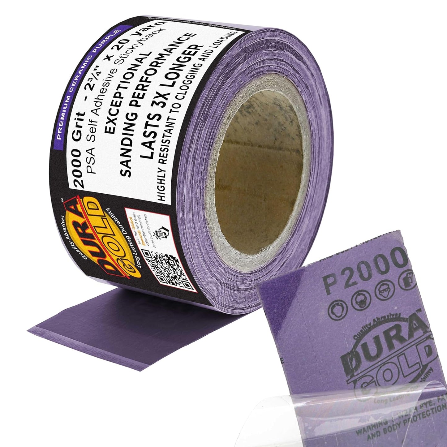 Dura-Gold Premium 2000 Grit PSA Purple Film Ceramic Longboard Sandpaper, 2-3/4" Wide Continuous 20 Yard Roll - Self Adhesive Stickyback for Auto & Wood Air File Long Board Sanders, Hand Sanding Blocks