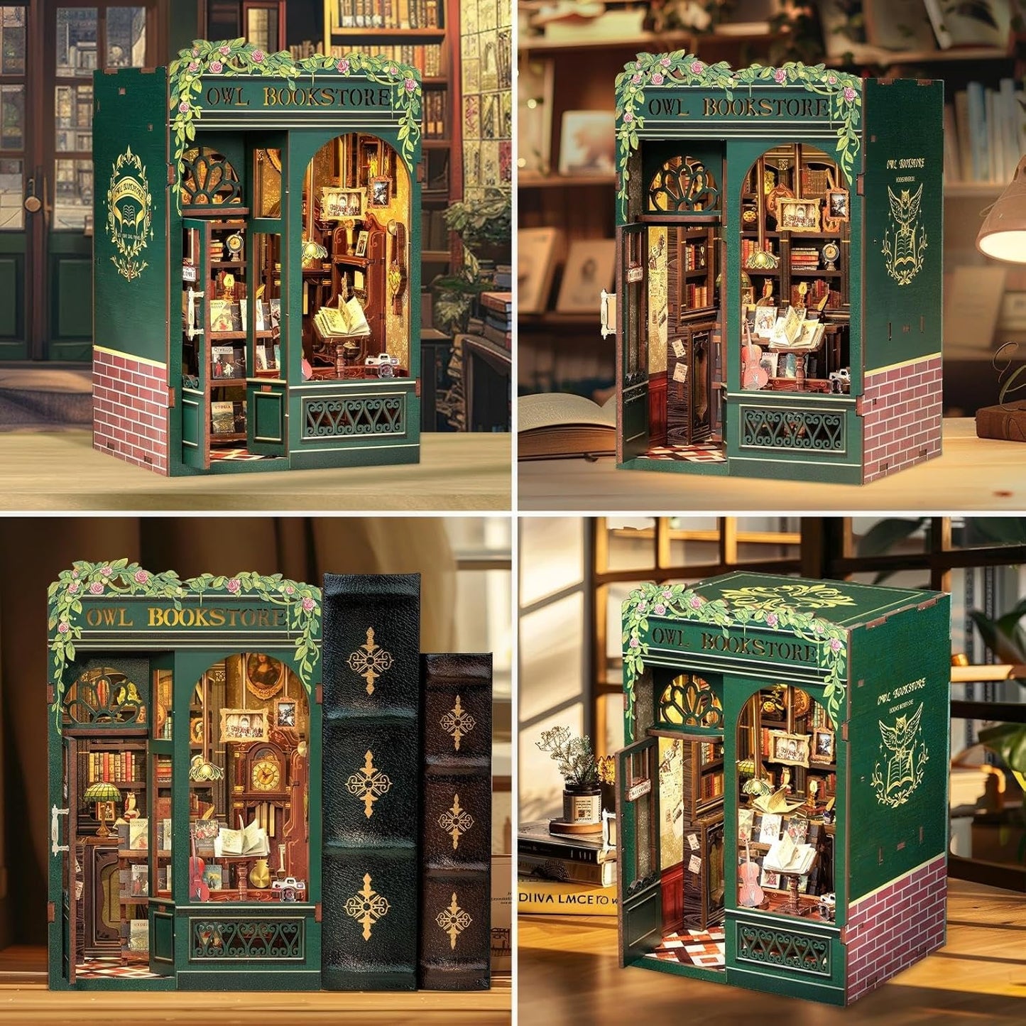 Fsolis Book Nook Kit, DIY Scene Miniature House Kit Tiny House Mini Booknook Craft Bookshelf Decor, 3D Puzzles for Adults, 139 Wooden Pieces, Scale Library Model, Gifts for Book Lovers（OWL Bookstore）