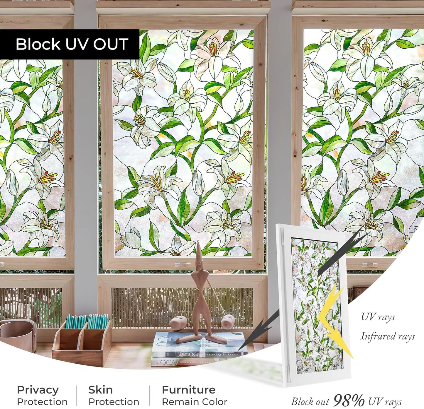 3D Stained Glass Window Film, Decorative Window Privacy Film for Bathroom, Front Door, Home, Sun Blocking Heat Control, Static Cling,White Lily 35.4inch x 78.7inch