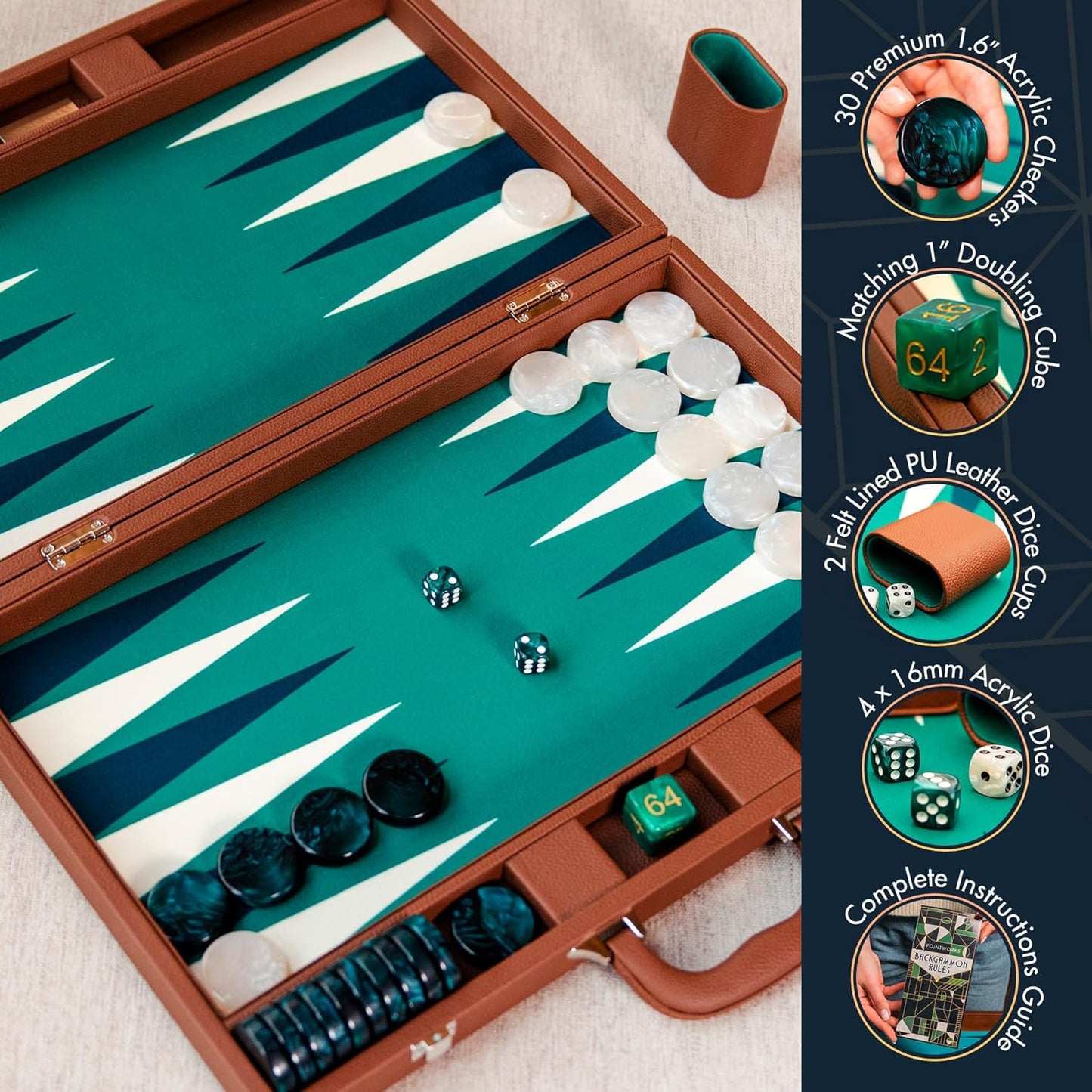 19 Inch Premium Backgammon Sets for Adults Leather Brown - Green. Premium 1.6 Inch Checkers & Dice Set, Travel Backgammon Set, Large, Backgammon Board Game, Backgammon Game Set