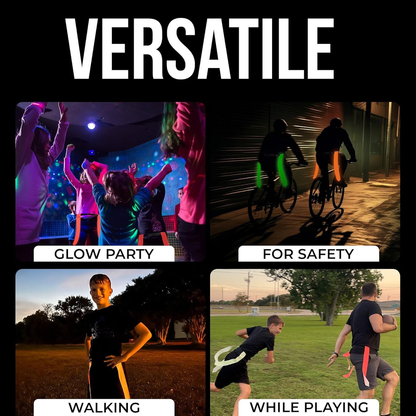 Glow in the Dark Flag Football Belts (Set of 6 with Storage Bag)- Premium Flags for Day or Night- Adjustable Belt Set for Yard Games, Football Party, Glow Party, Camping, Beach Games, Team Building