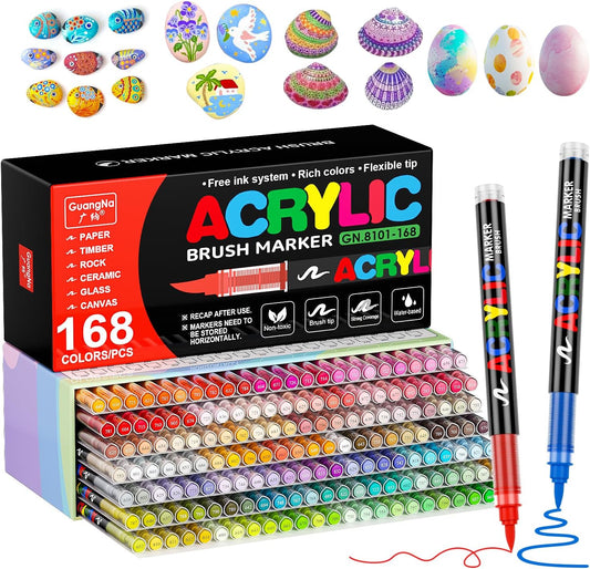 DICEKOO 168 Colors Acrylic Paint Markers, Soft Brush Tip Pens with Automatic Ink Control System, Waterproof, Quick-Drying, Lightfast, for Rock Painting, Canvas, Wood, Egg & DIY Crafts Art Supplies