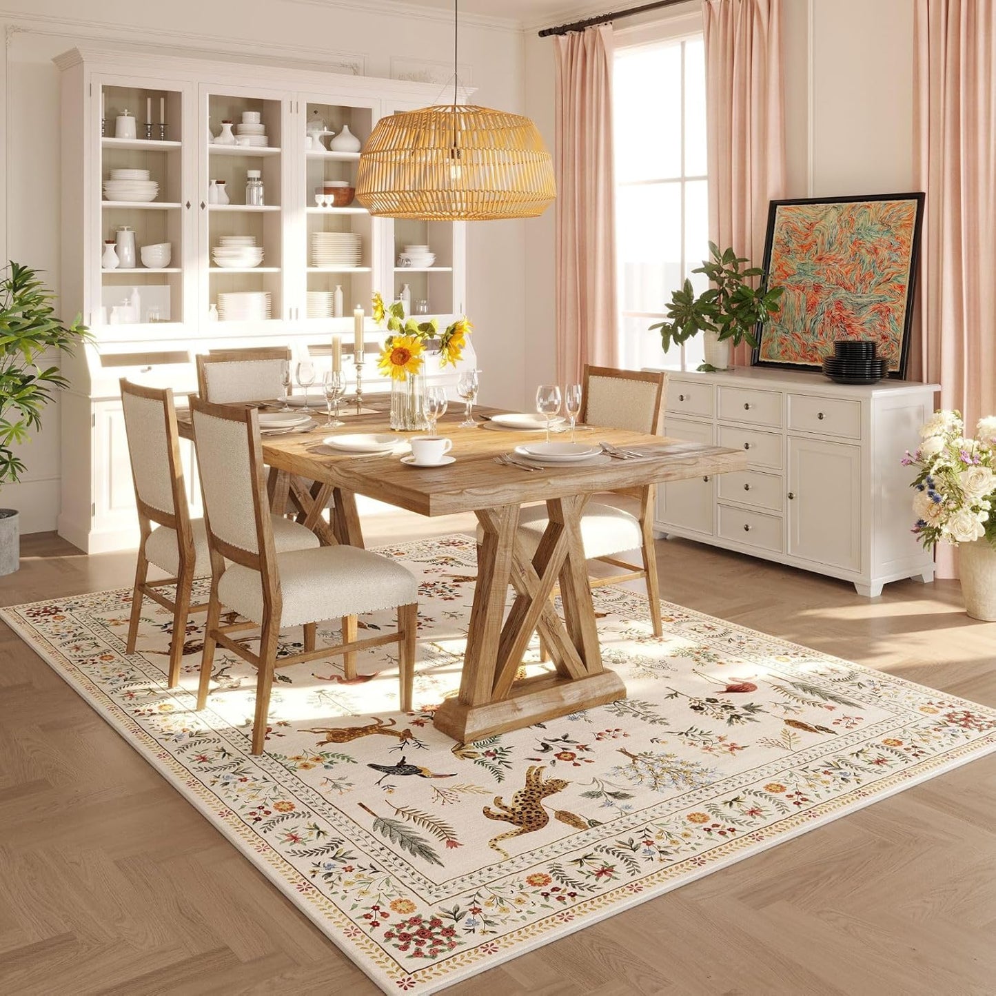 Rugcomf Living Room Rug 5x7 Rug Machine Washable Boho Area Rug Non Slip Floral Animal Vintage Low Pile Large Rugs for Living Room, Bedroom, Farmhouse, Dining Room, Kids Playroom (Beige)