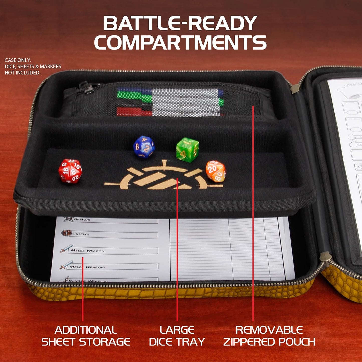ENHANCE RPG Organizer Case - DnD Binder with Built-in Character Sheet Holder and Erasable Scribe Panel, Dice Rolling Area, Removable Pen Pouch, Miniature Foam Tray, Wrist Strap