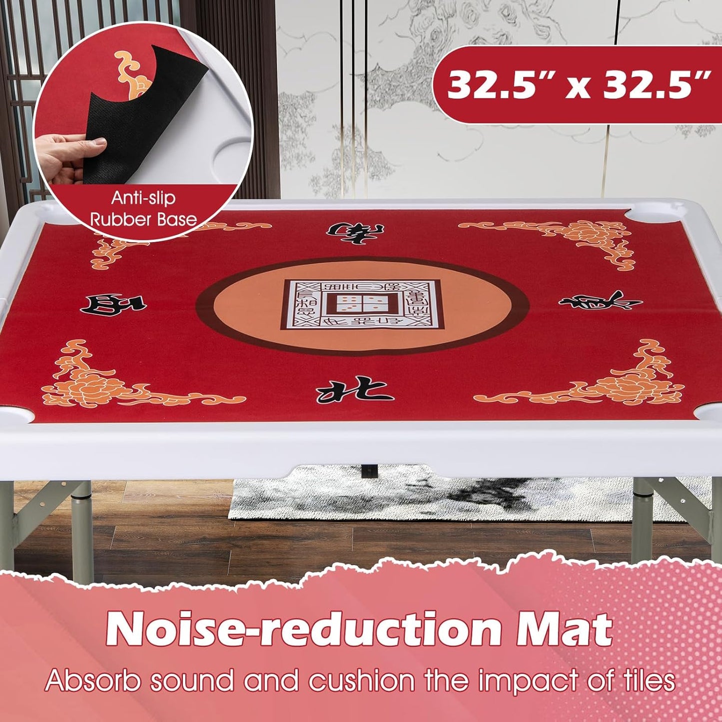 Giantex Folding Mahjong Table, 35" Square Card Table with Cup Holders, Removable Noise Reduction Mat, HDPE Tabletop, 4-Player Portable Domino Tables for Poker Blackjack Board Game (Red)