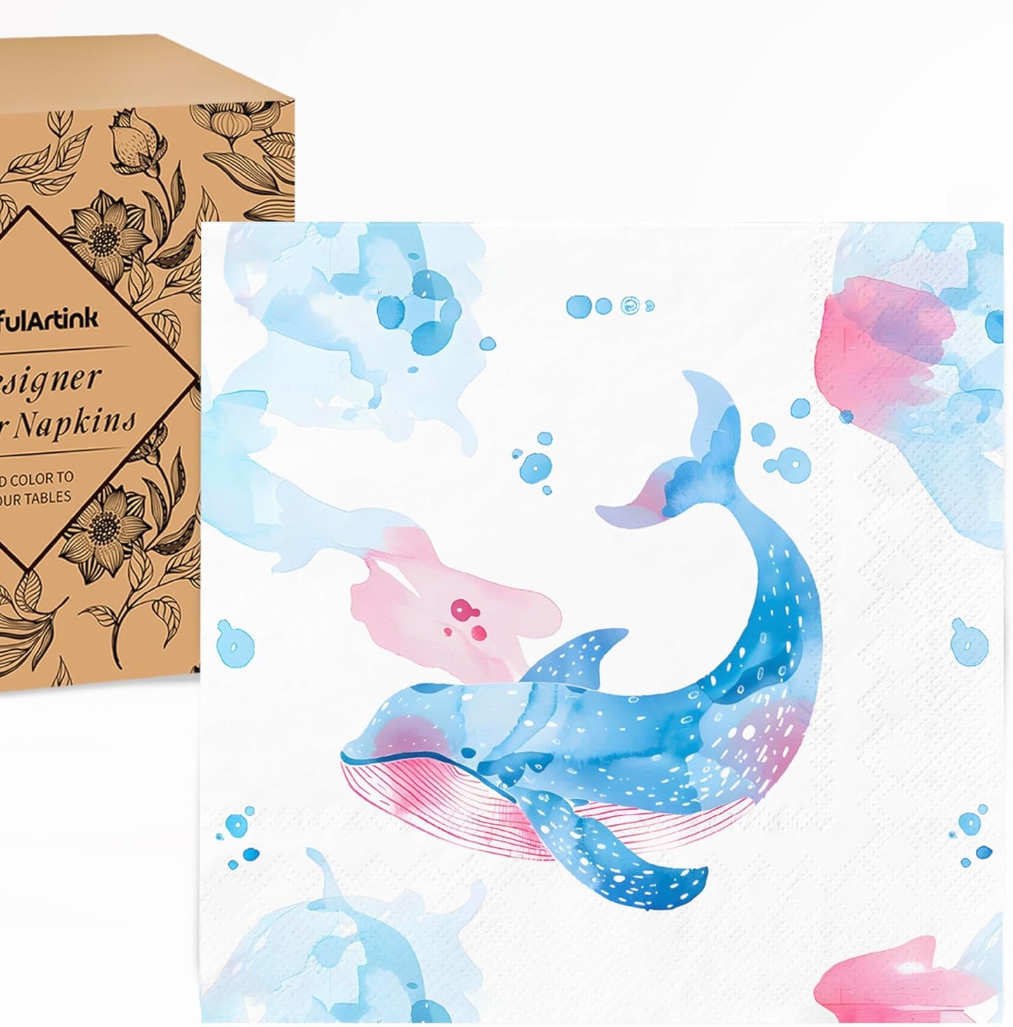 80 pcs Premium Designer Cocktail Beverage Napkins, 3-Ply 5 x 5-inches Disposable Napkin, Aqua Amore Dreams of Whale