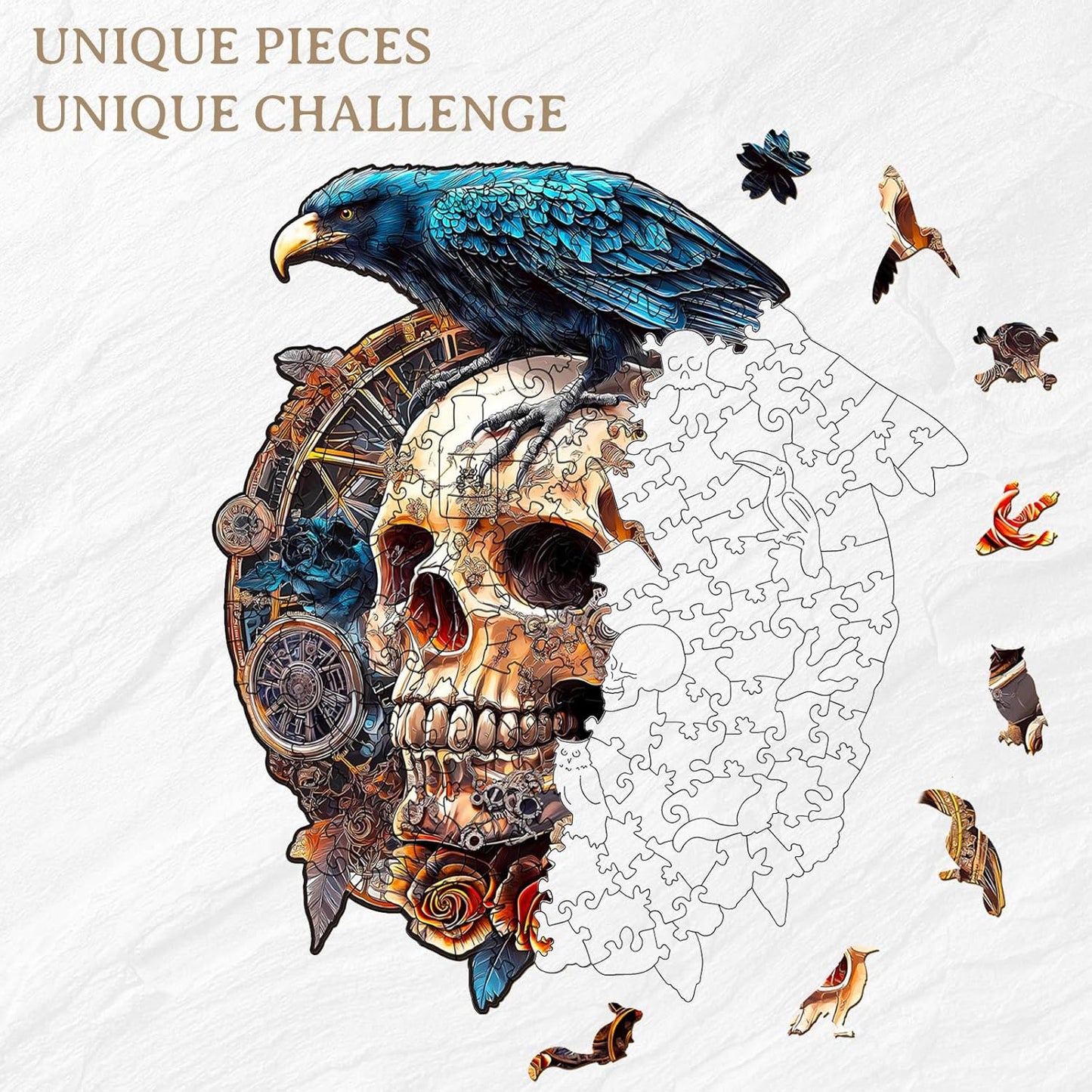 KAAYEE Wooden Puzzles for Adults, 3D Visual Effect Raven & Mechanical Skull Wooden Jigsaw Puzzle Unique Shape Wood Puzzle Adult, 3D Effect Flat Puzzle Birthday Family Games (M-11.4 * 10.1in-175pcs)