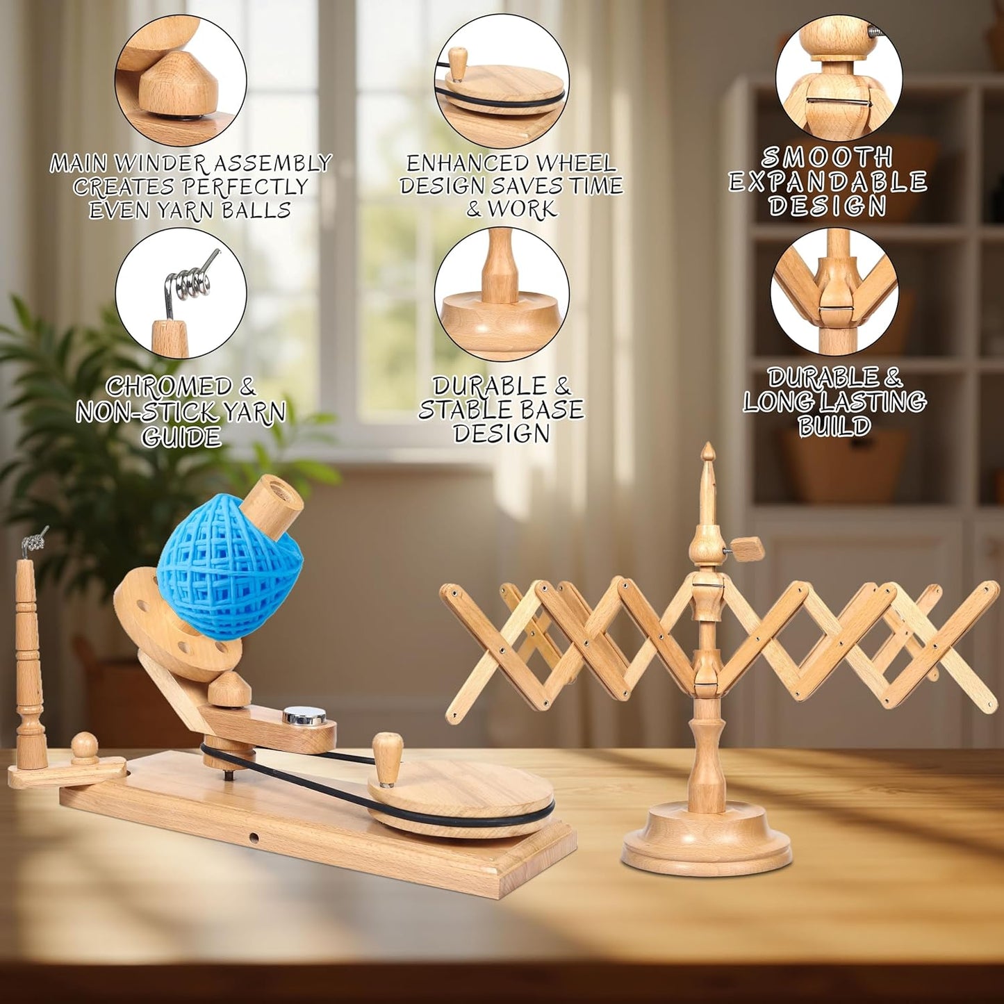 Wooden Yarn Ball Winder & Table Top Swift Set, Hand Operated Beechwood Combo Winder, Large Capacity 8 to 10 oz Yarn Fiber Winder, Wool String Swift Winder (Beechwood Winder & Swift)
