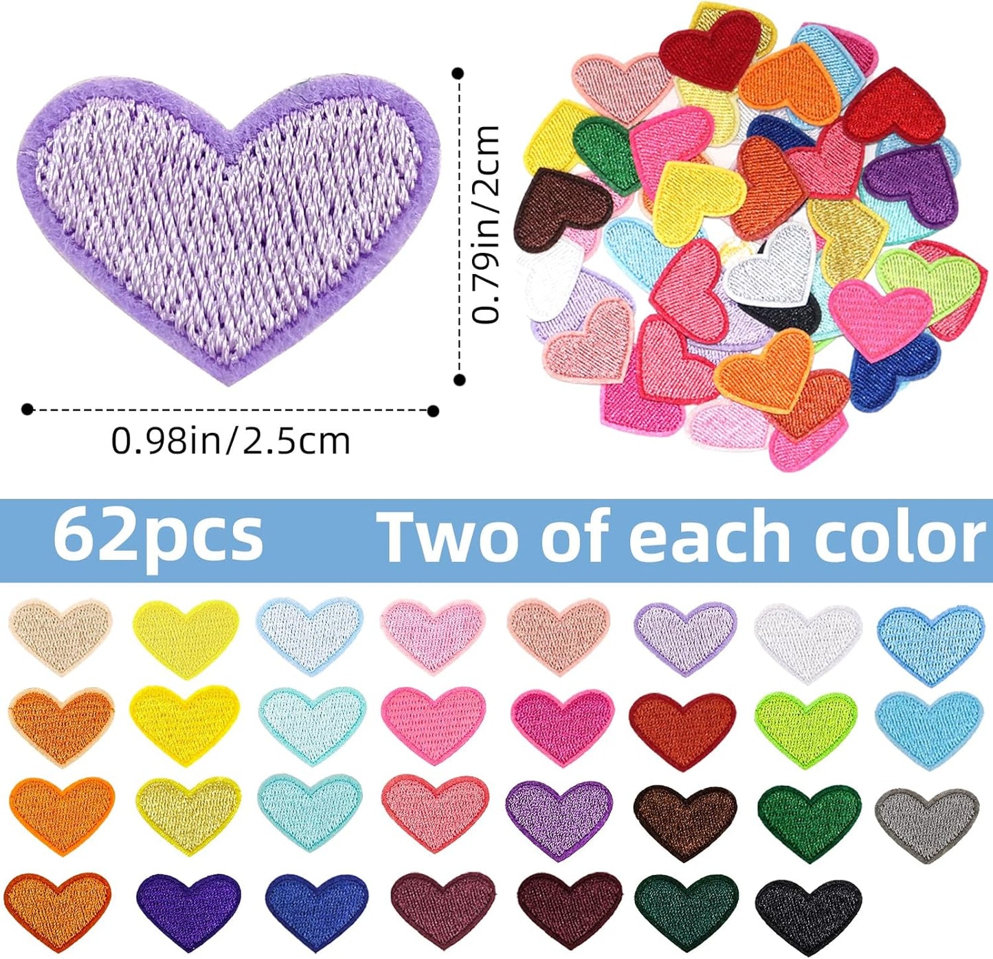 62 Pcs Colorful Embroidered Iron on Heart Patches Hearts Iron on Patches Mini Tiny Fabric Heart Sew on Patch,Hearts Embroidered Patch for Clothes Dress Pant Hats Backpack