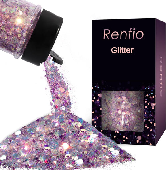 Renfio Opal Chunky Purple Glitter, 1.75oz/50g Dreamy High Sparkle Holographic Fine Iridescent Glitters Flake for Resin Nails Art Hair DIY Snow - Purple Sunglow