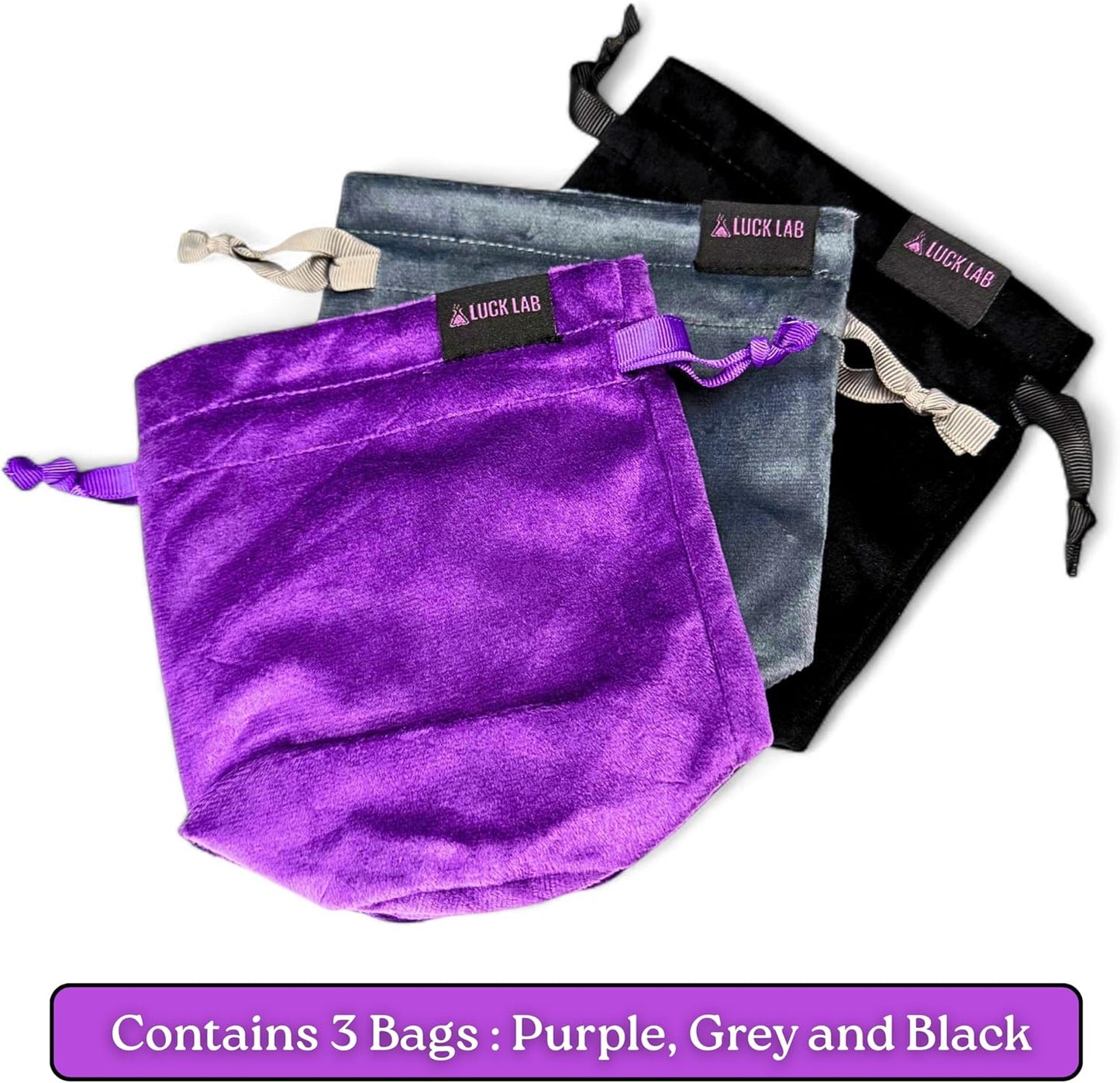 Luck Lab Velvet Drawstring Dice Bag - Set of Three Colors - Dungeons and Dragons Fabric/Standing Cotton Fabric Dice Bags/D&D Dice Pouch/Small Pouch/Velvet Jewelry Bag (Purple, Black, Grey)