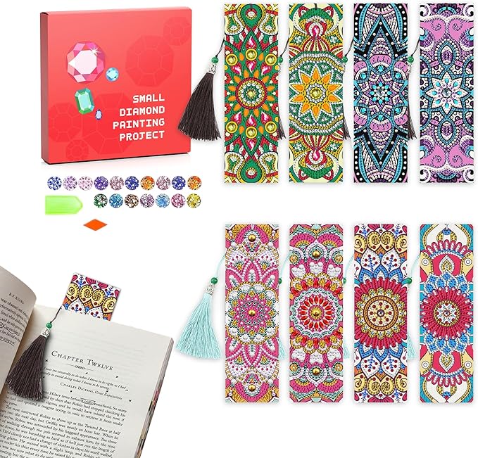 8 Pcs Diamond Art Bookmarks Kit for Adult, DIY Diamond Paint Corner Book Makers Set, Small Diamond Art Kits for Kids, Paint by Art Crafts Kit Gifts for Women Girls Kids