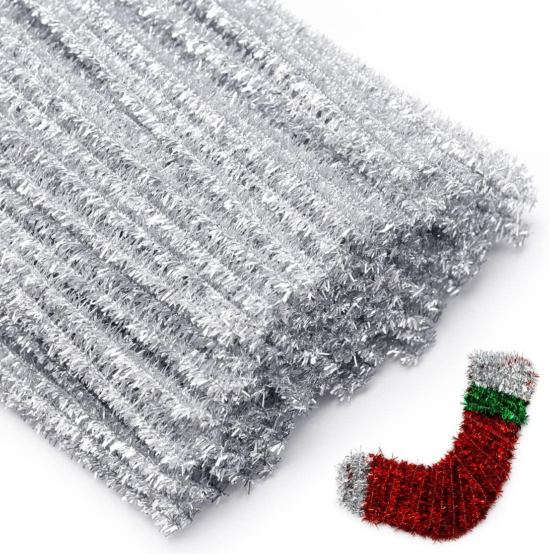 Eppingwin 200pcs Pipe Cleaners, Glitter Silver Pipe Cleaners Craft Supplies,Chenille Stems for DIY Arts Crafts Project(Glitter Silver)
