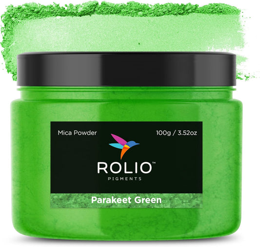Rolio Premium Green Mica Powder - Parakeet Green (100G / 3.5 oz) - 1 Jar of Pigment Powder for Epoxy Resin, Dye, Soap Making, Nail Polish, Paint, Candle Making, Bath Bombs, Slime