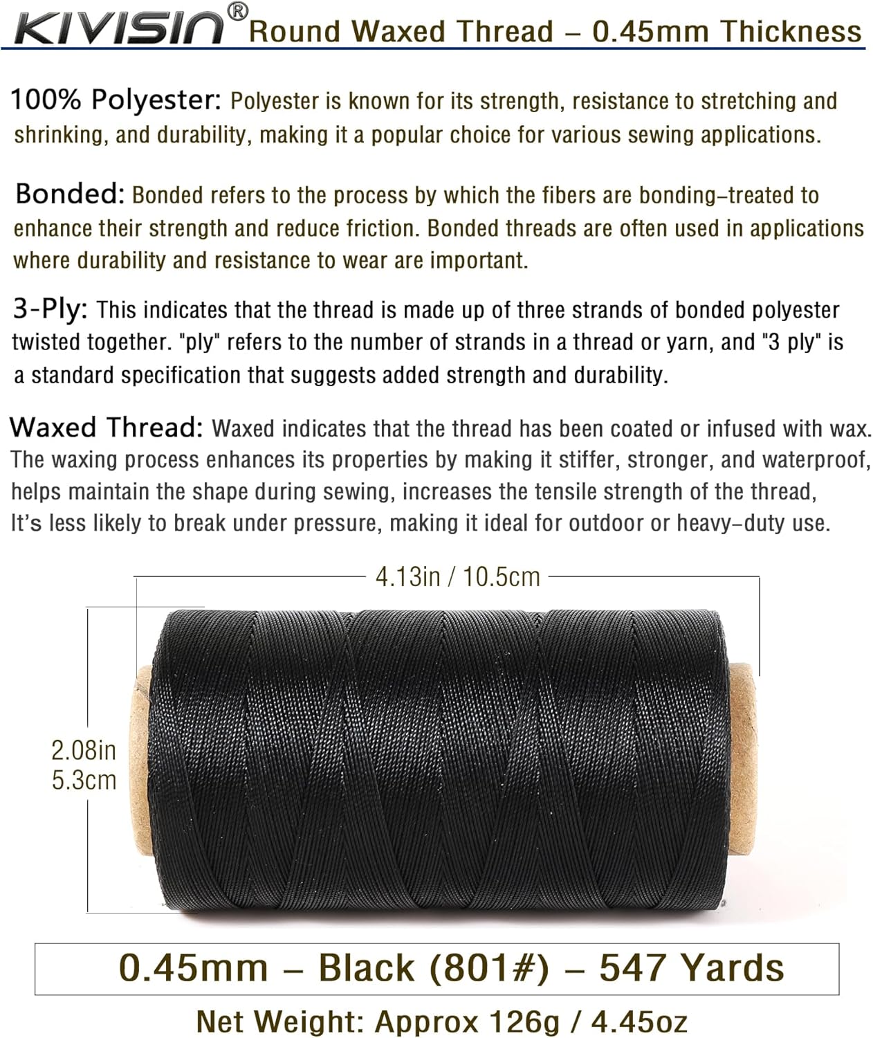 Thin Wax Polyester Thread, 0.45mm, 547 Yards, 3 Ply Round Waxed Cord Strings for Sewing, Beading, Binding, Micro Braiding, Fine Leather Craft and Micro Macrame Jewelry - Black
