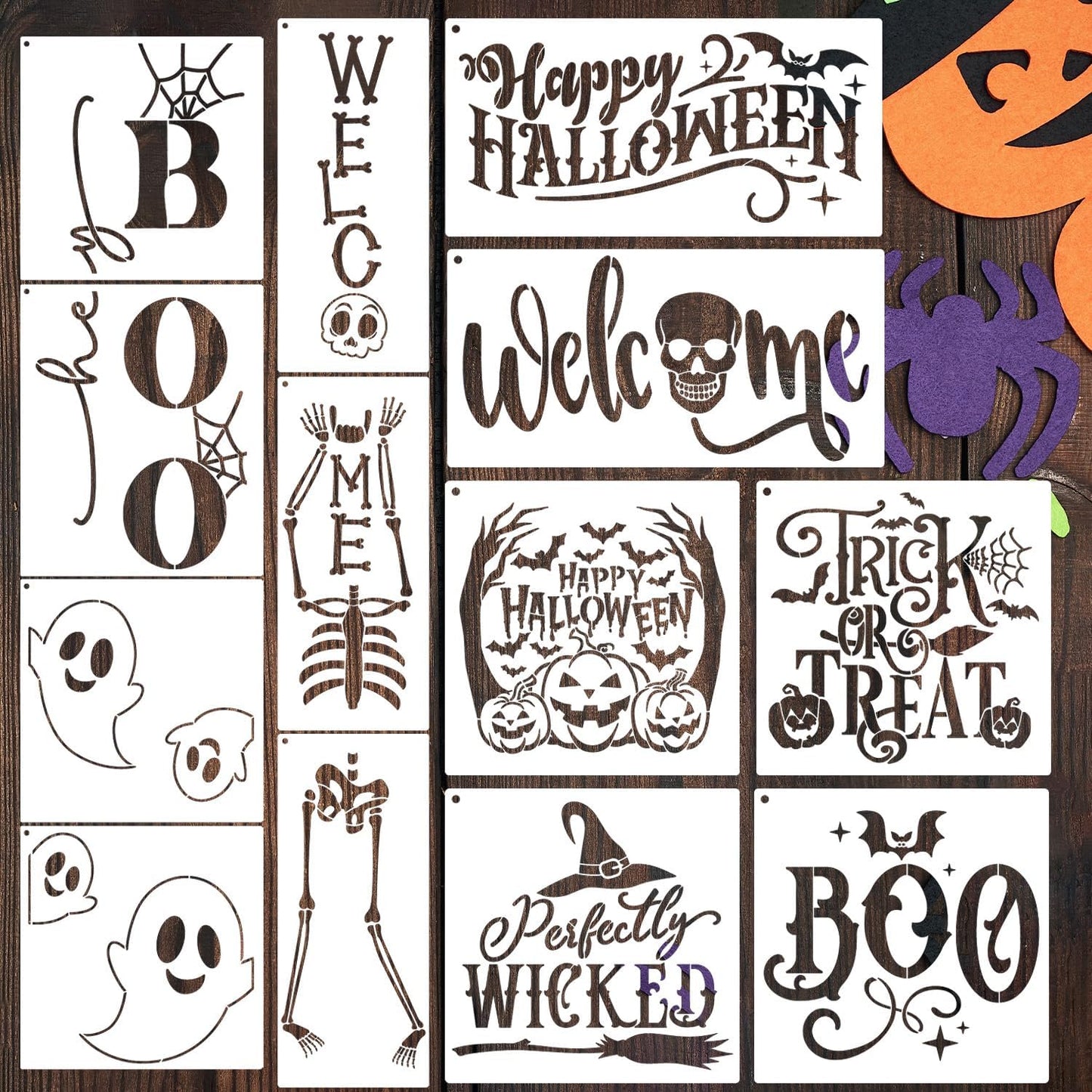 Halloween Stencils for Painting Large Skeleton Welcome Stencil for Porch Sign Reusable Ghost Boo Trick or Treat Templates for Wood Walls Windows Door Mat Fabric Door Hanger