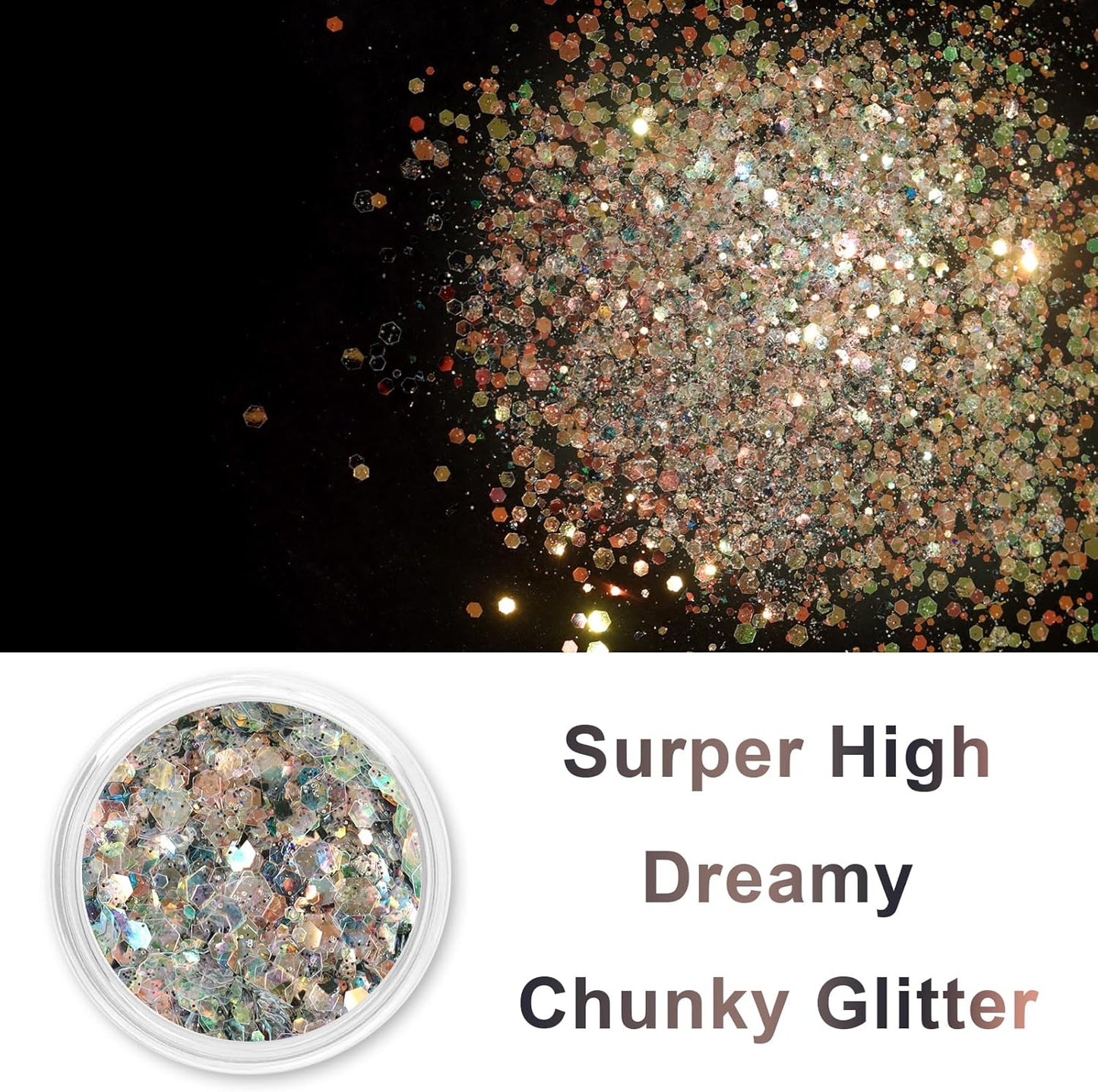 Renfio Opal Chunky Glitter - 1.75oz/50g Black Holographic Iridescent Glitters for Resin Nails Art, Hair, DIY Crafts & Snow
