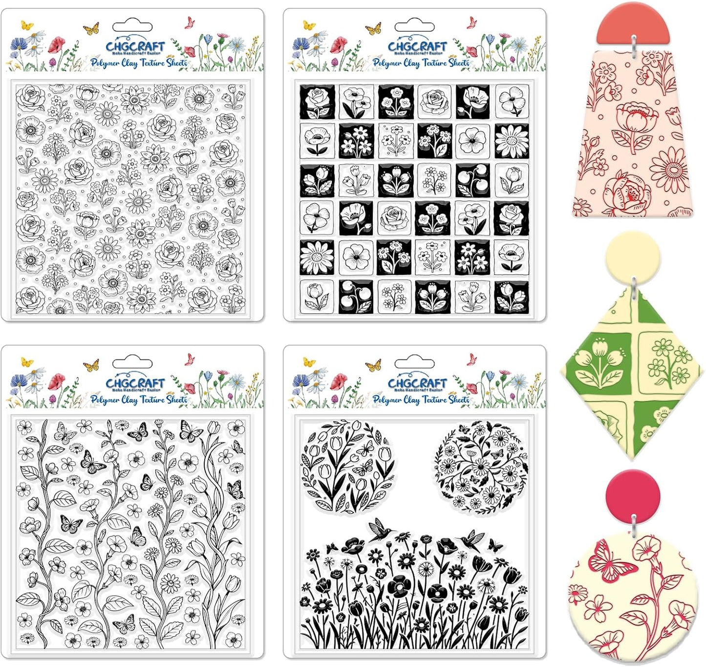 CHGCRAFT 4 Sheets 4 Styles Wildflowers Polymer Clay Texture Sheets Bushes Silicone Texture Stamp Hummingbirds Modeling Pattern Pad Texture Sheets for Making Earrings Jewerly, 5.5x5.5 inch
