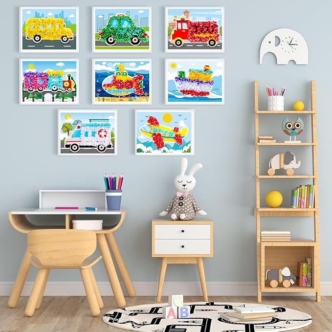 8PCS Poke-in Craft and Art Kit Transportation Vehicle Theme No-Mess Fabric Sewing Art Puzzle Puncture Painting Truck Car Toy Gift Creative Activity Game Birthday Party