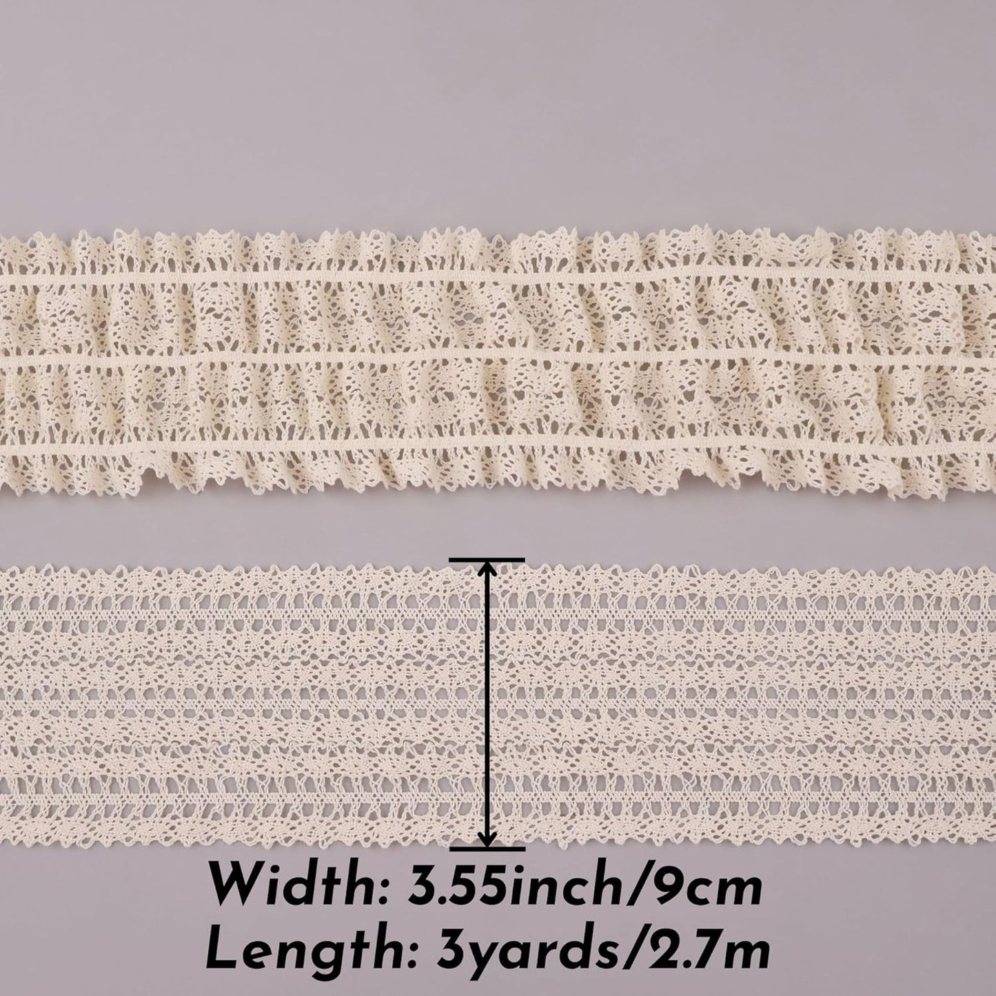 Beige Ruffle Lace Trim 3.55''x3yds Gathered Elastic Lace Ribbon for Sewing Crafts, Apparel Home Decor