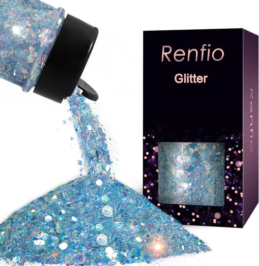 Renfio Opal Chunky Glitter - 1.75oz/50g Blue Holographic Glitter Mix for Resin Nails Art, Hair, DIY Snow - Ice Queen
