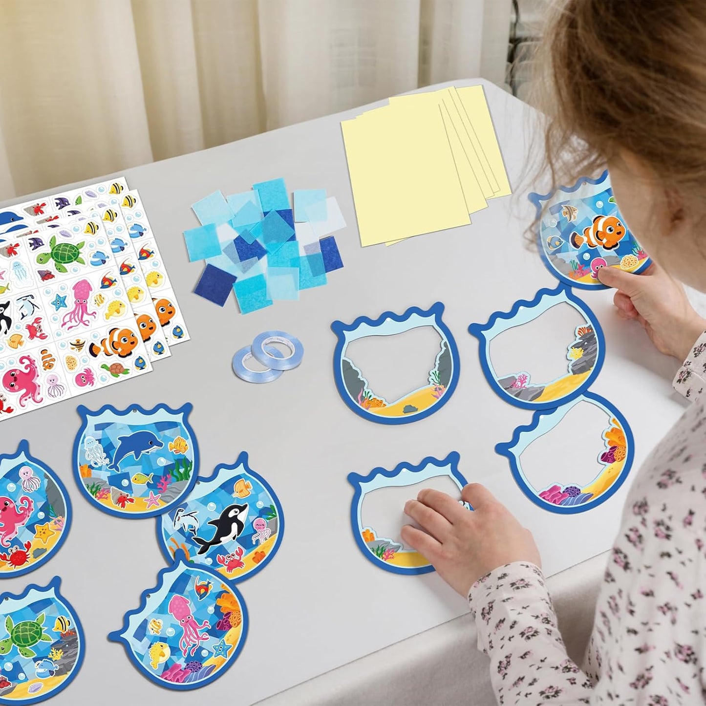 36PCS Summer Activities Crafts Bulk: Sea Animal Ocean Scene Paper Suncatchers, Under the Sea Party Fish Stickers DIY Kit School Classroom Decorations, Window Stained Glass Effect Art Supplies