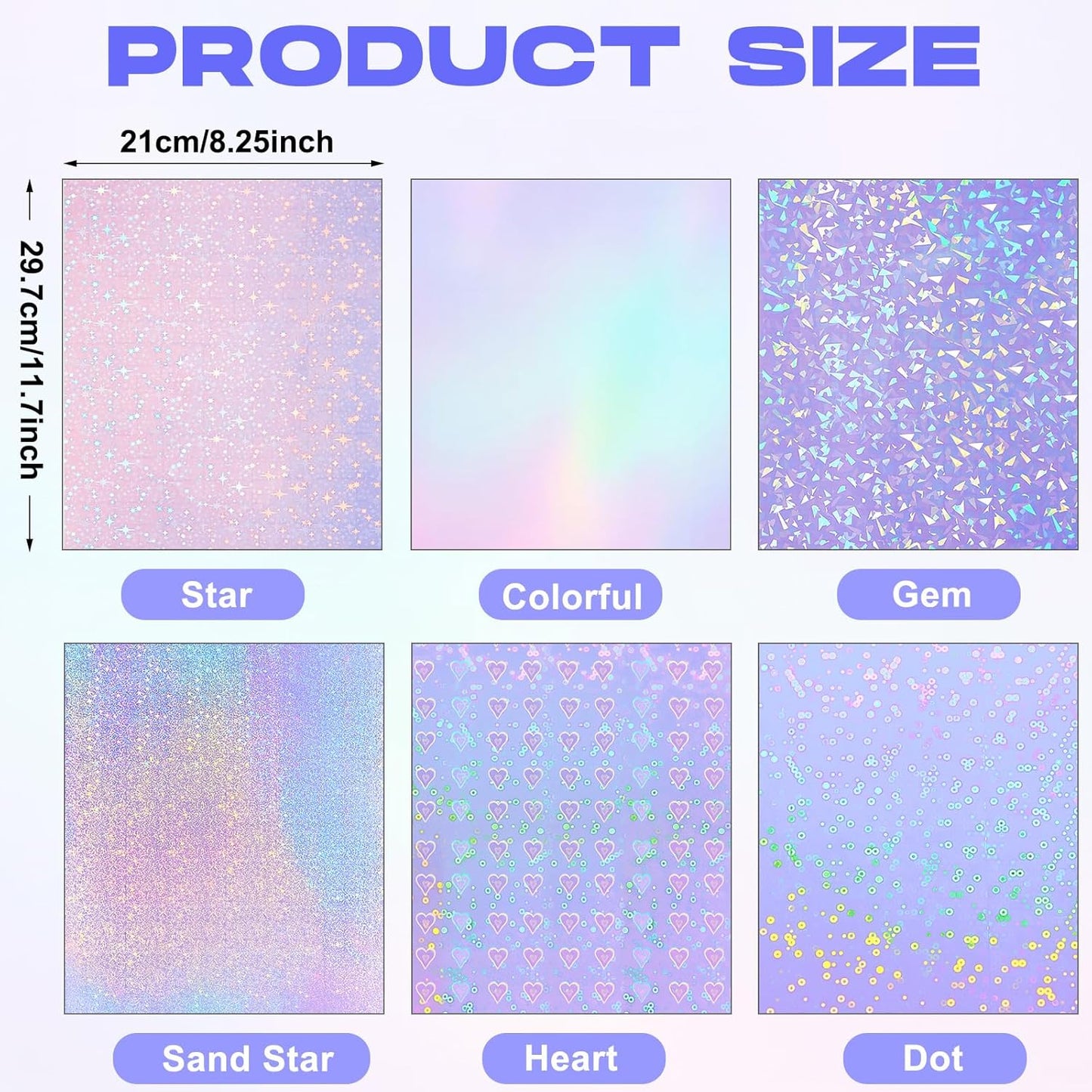 Clabby 36 Sheets Holographic Sticker Paper A4 Vinyl Sticker Paper Self Adhesive Waterproof Transparent Film, 11.7 x 8.3 inches(Gem, Dot, Colorful, Star, Heart, Sand Star)